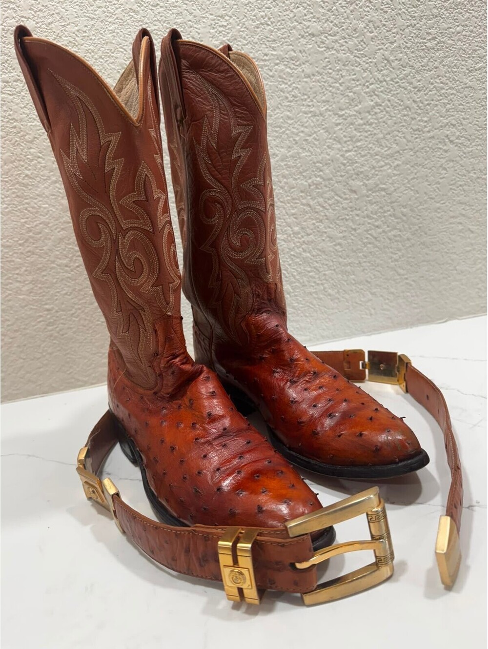 Dan Post Ostrich Cowboy Boots Men's 9.5 D Cognac + Belt